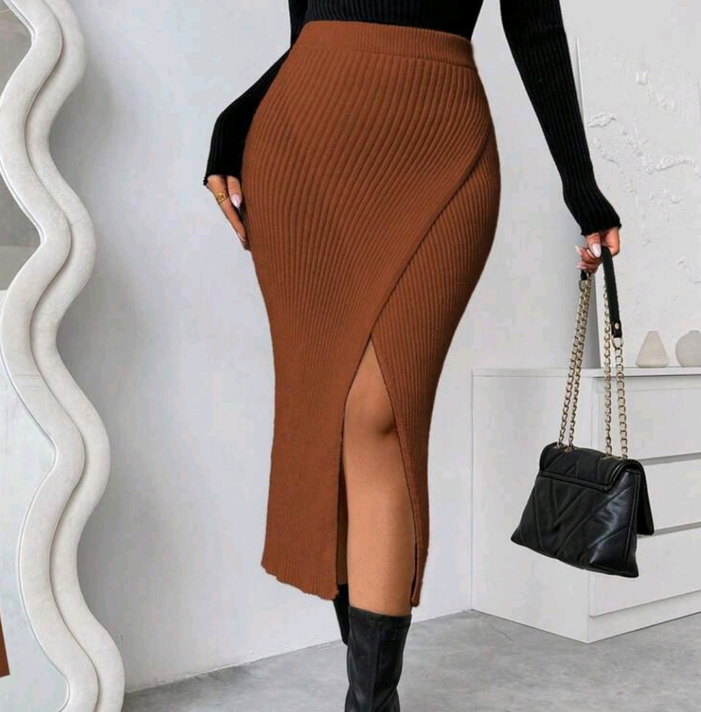 Autumn/Winter Casual Split Hem Form-Fitting Sweater With Skirt - Picture 1 of 3